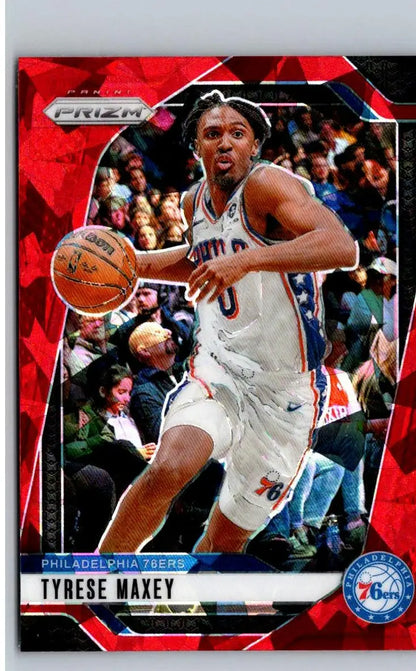 Tyrese Maxey basketball card from 2024-25 Panini Prizm Maxey Prizms Red Ice