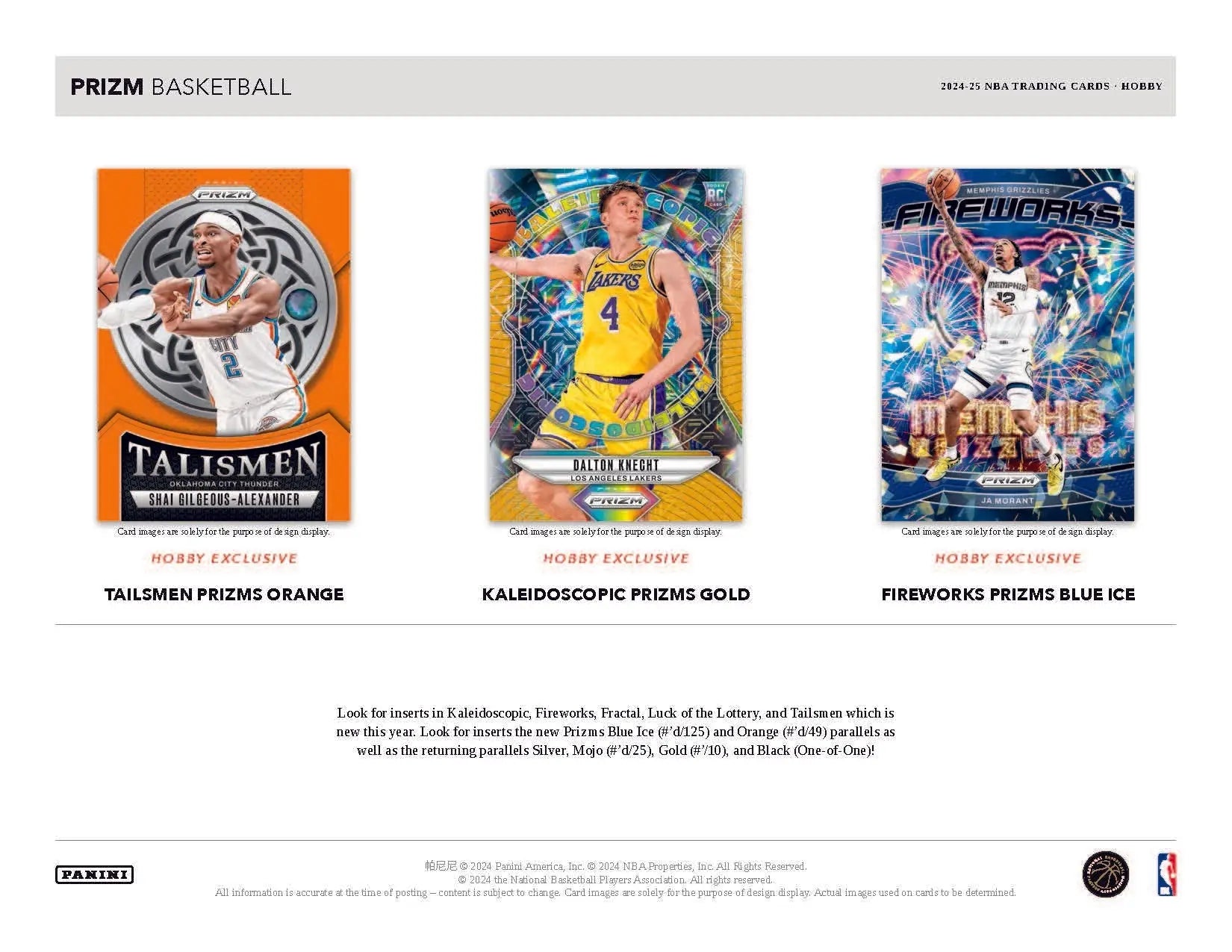 Basketball trading cards in the 2024-25 Panini Prizm NBA Basketball Hobby Box