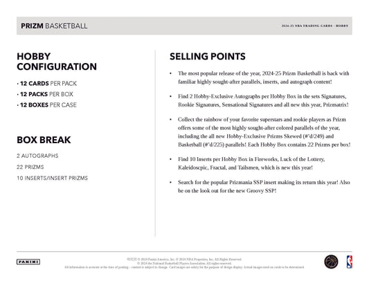 Prizm NBA Basketball Hobby Box showcasing key features and selling points for collectors