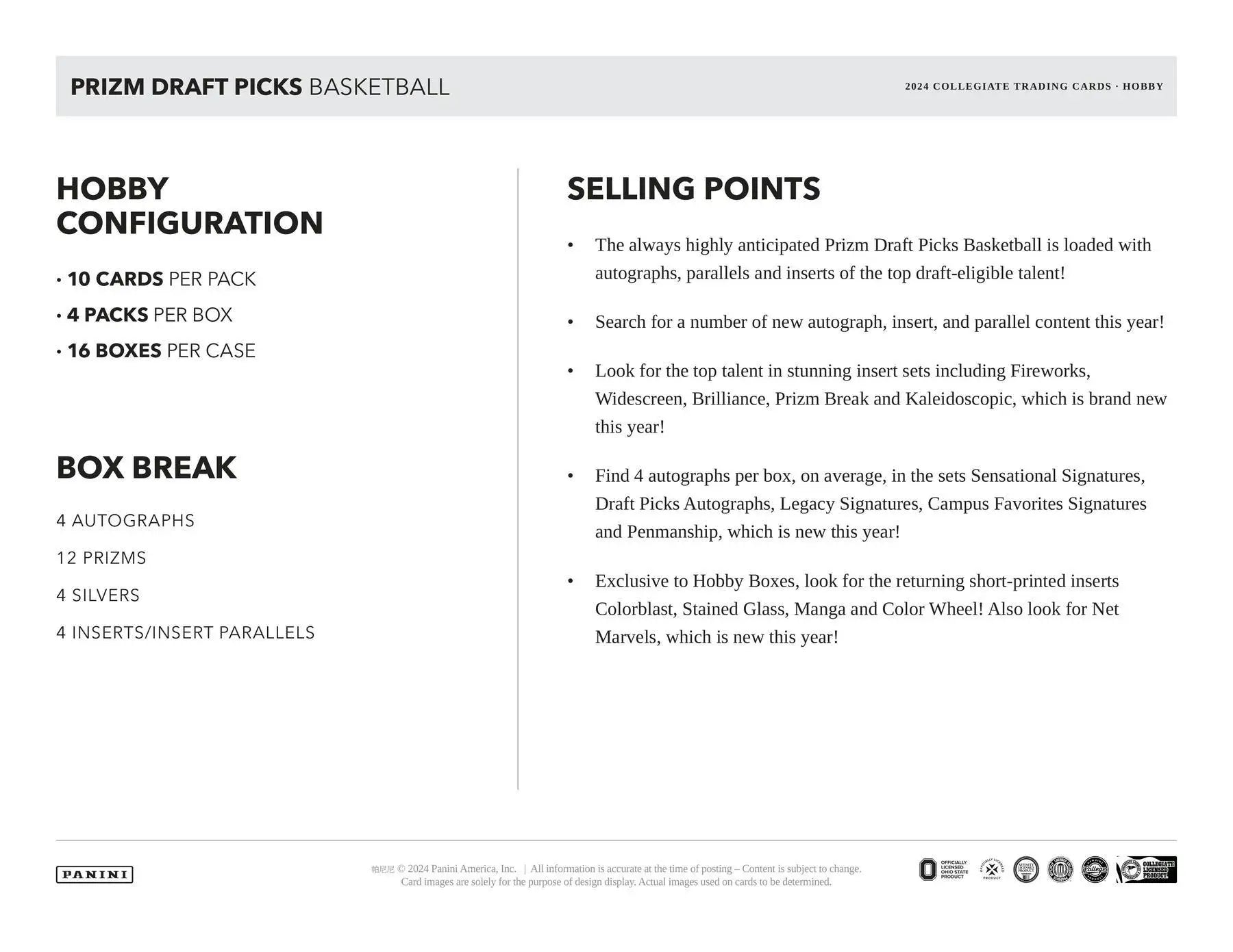 2024-25 Panini Prizm Draft Basketball Hobby Box with four autographs and Prizm Draft highlights