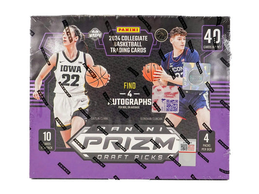2024 Panini Prizm Draft Collegiate Basketball trading card box with four autographs