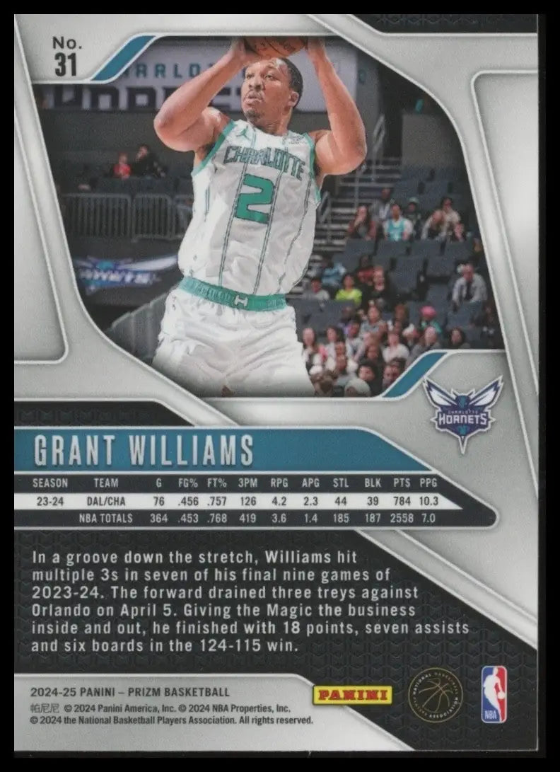 2024-25 Panini Prizm Grant Williams #31 Charlotte Hornets Basketball Card NBA