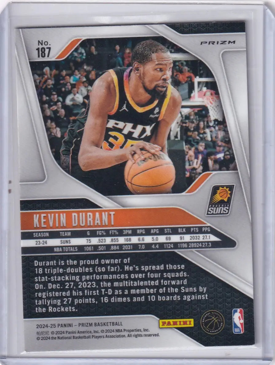 Kevin Durant 2024-25 Panini Prizm Orange basketball card with stats and triple-double achievement