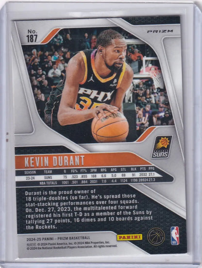 Kevin Durant 2024-25 Panini Prizm Orange basketball card with stats and triple-double achievement