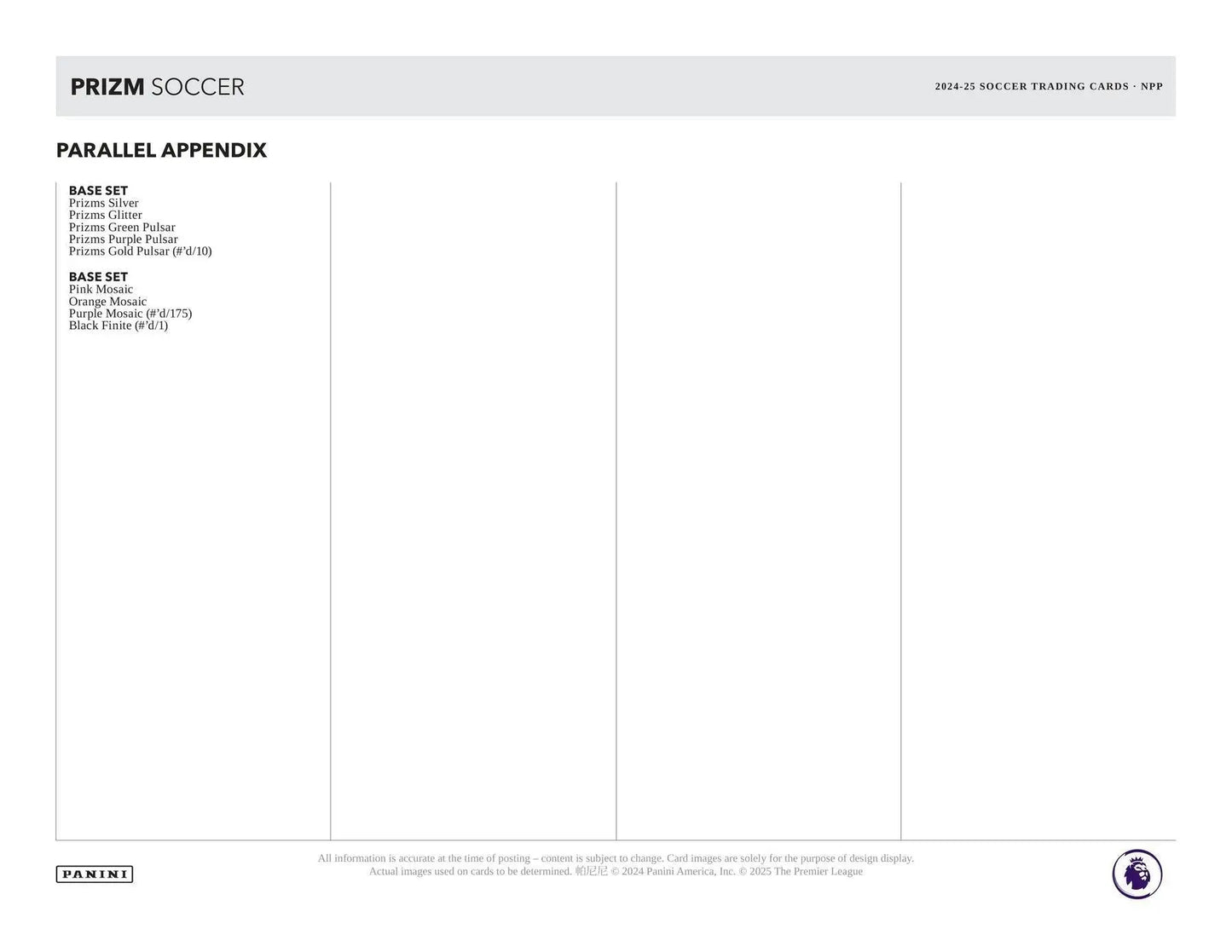 Trading card appendix showcasing Pink Mosaic Prizms from 2024-25 Panini Prizm EPL Soccer