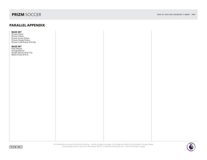 Trading card appendix showcasing Pink Mosaic Prizms from 2024-25 Panini Prizm EPL Soccer