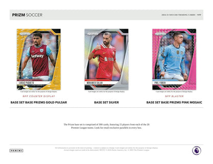 Soccer trading cards featuring Pink Mosaic Prizms in the 2024-25 Panini Prizm EPL Blaster Box