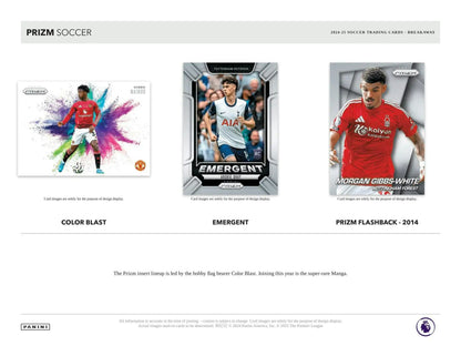 Soccer trading cards featuring breakaway Prizms from 2024-25 Panini Prizm EPL Box