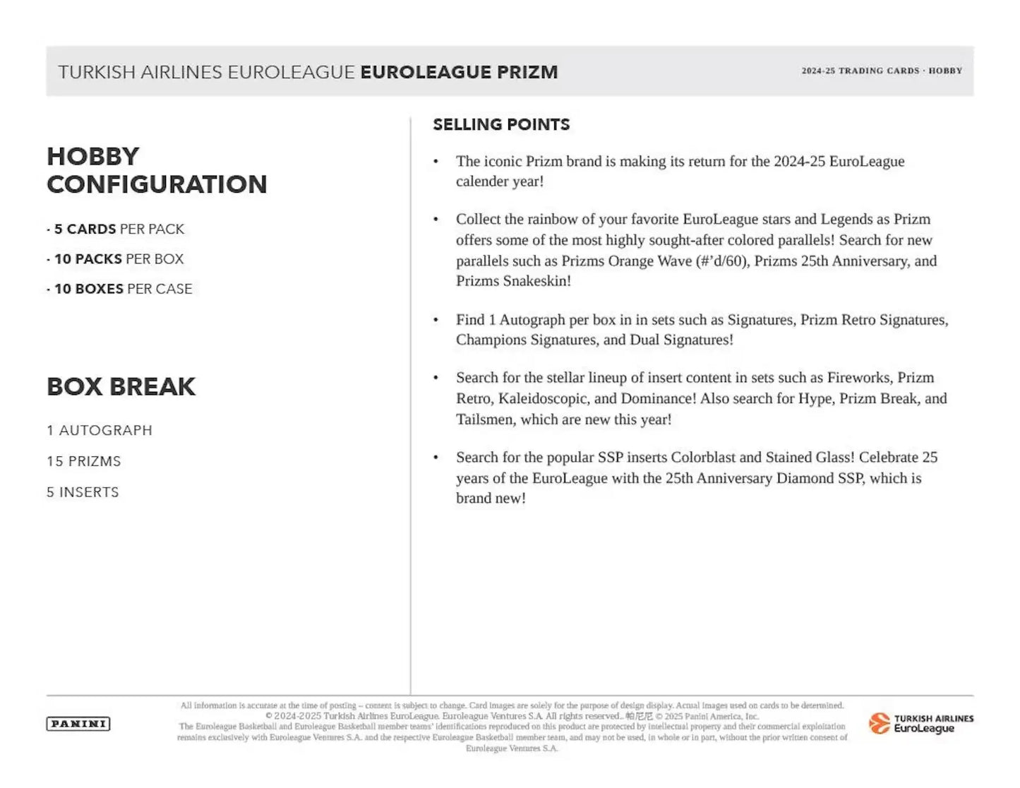 Trading card product details for 2024-25 Panini Prizm Turkish Airlines EuroLeague Basketball Hobby Box