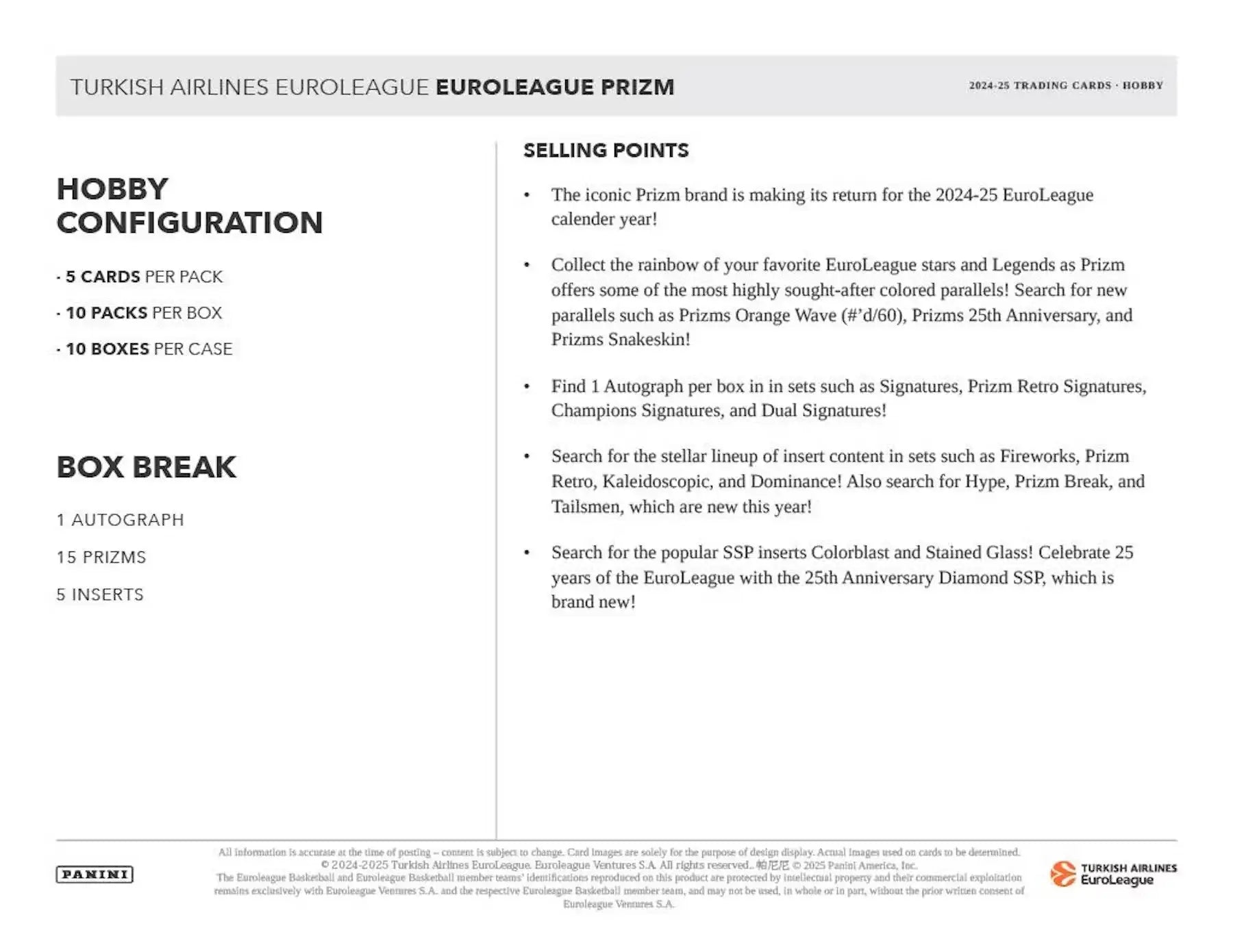 Trading card product details for 2024-25 Panini Prizm Turkish Airlines EuroLeague Basketball Hobby Box