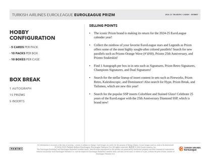 Trading card product details for 2024-25 Panini Prizm Turkish Airlines EuroLeague Basketball Hobby Box