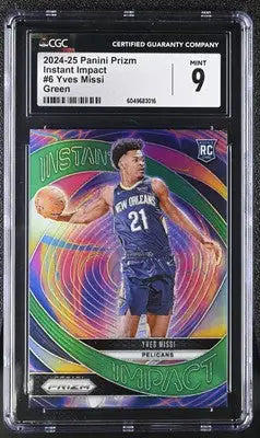 Graded Panini Prizm Yves Missi Green Instant Impact basketball card CGC 9