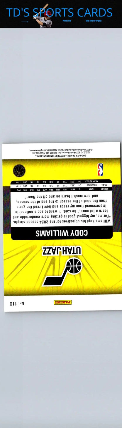 Cody Williams Utah Jazz basketball card from 2024-25 Panini Revolution Williams Galactic series