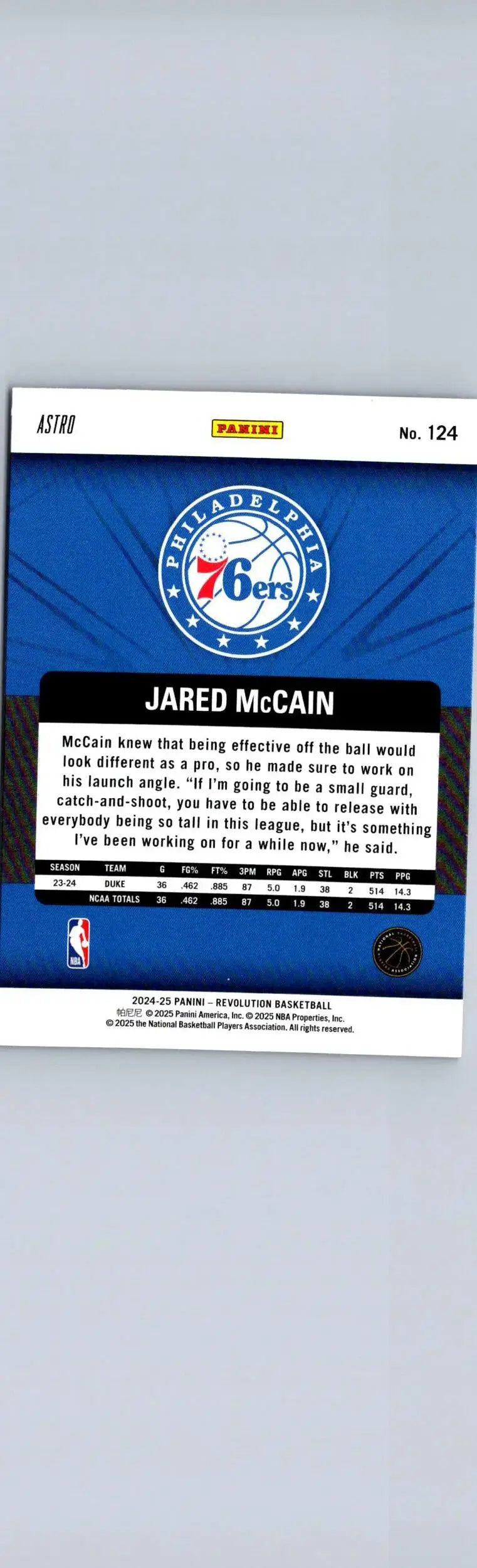 Jared McCain Fractal basketball trading card with stats and quote for 2024-25 Panini Revolution