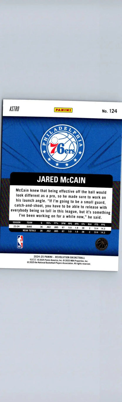 Jared McCain Fractal basketball trading card with stats and quote for 2024-25 Panini Revolution