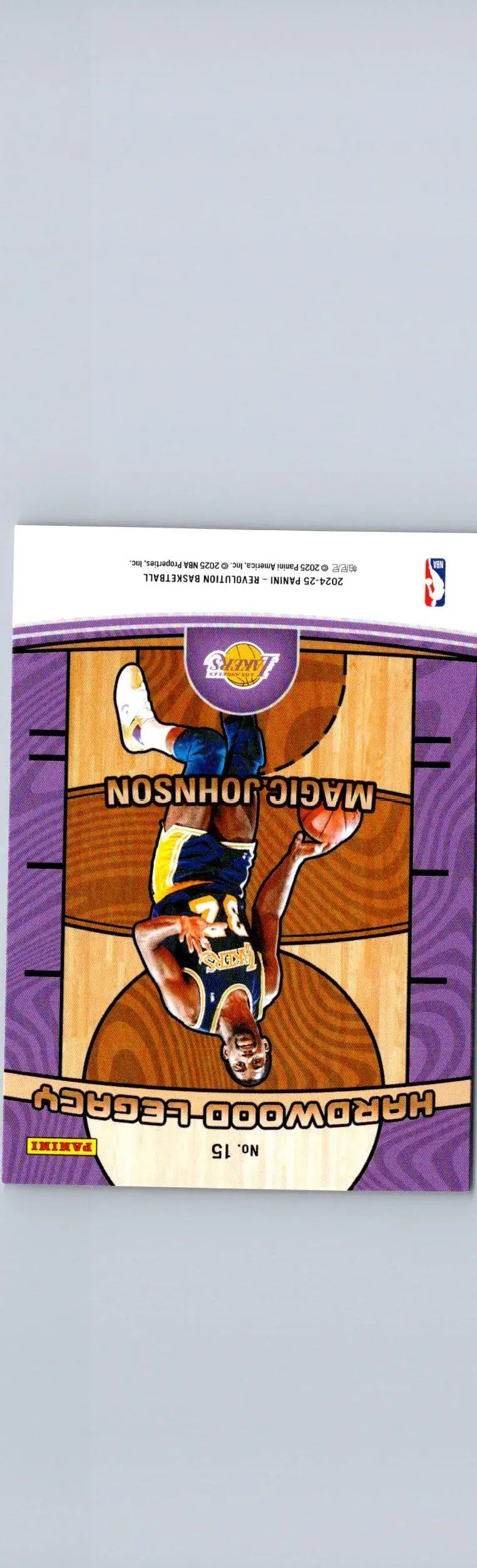 Purple and brown Magic Johnson Hardwood Legacy trading card from 2024-25 Panini Revolution
