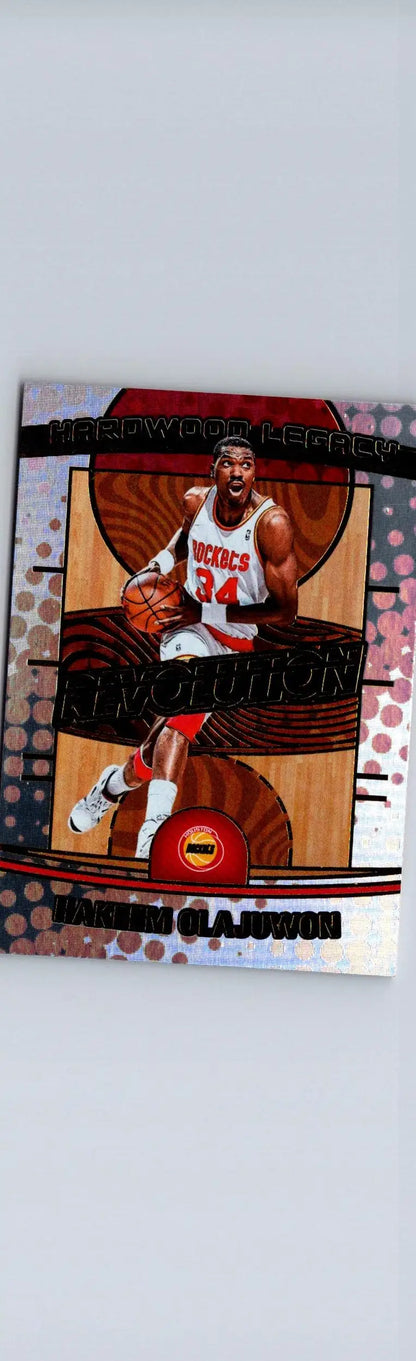 Basketball trading card of Hakeem Olajuwon in white and red uniform from Olajuwon Hardwood Legacy