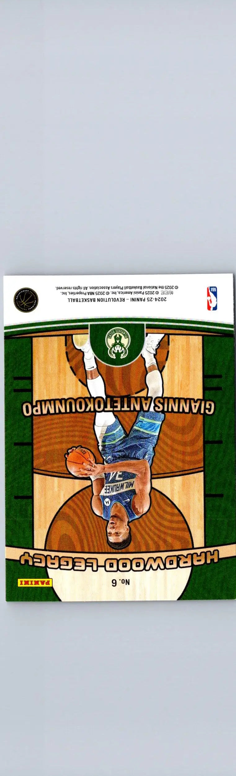 Upside-down basketball trading card of Giannis Antetokounmpo from 2024-25 Panini Revolution Hardwood Legacy