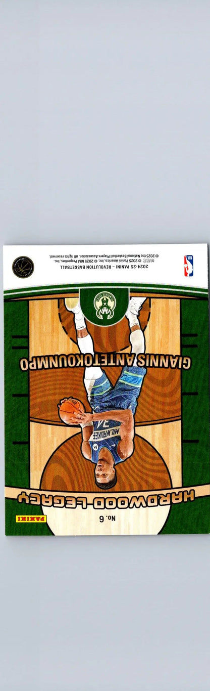 Upside-down basketball trading card of Giannis Antetokounmpo from 2024-25 Panini Revolution Hardwood Legacy