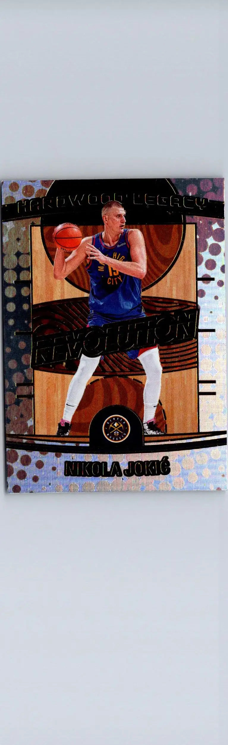Basketball trading card featuring Nikola Jokic in Denver Nuggets uniform from Jokic Hardwood Legacy