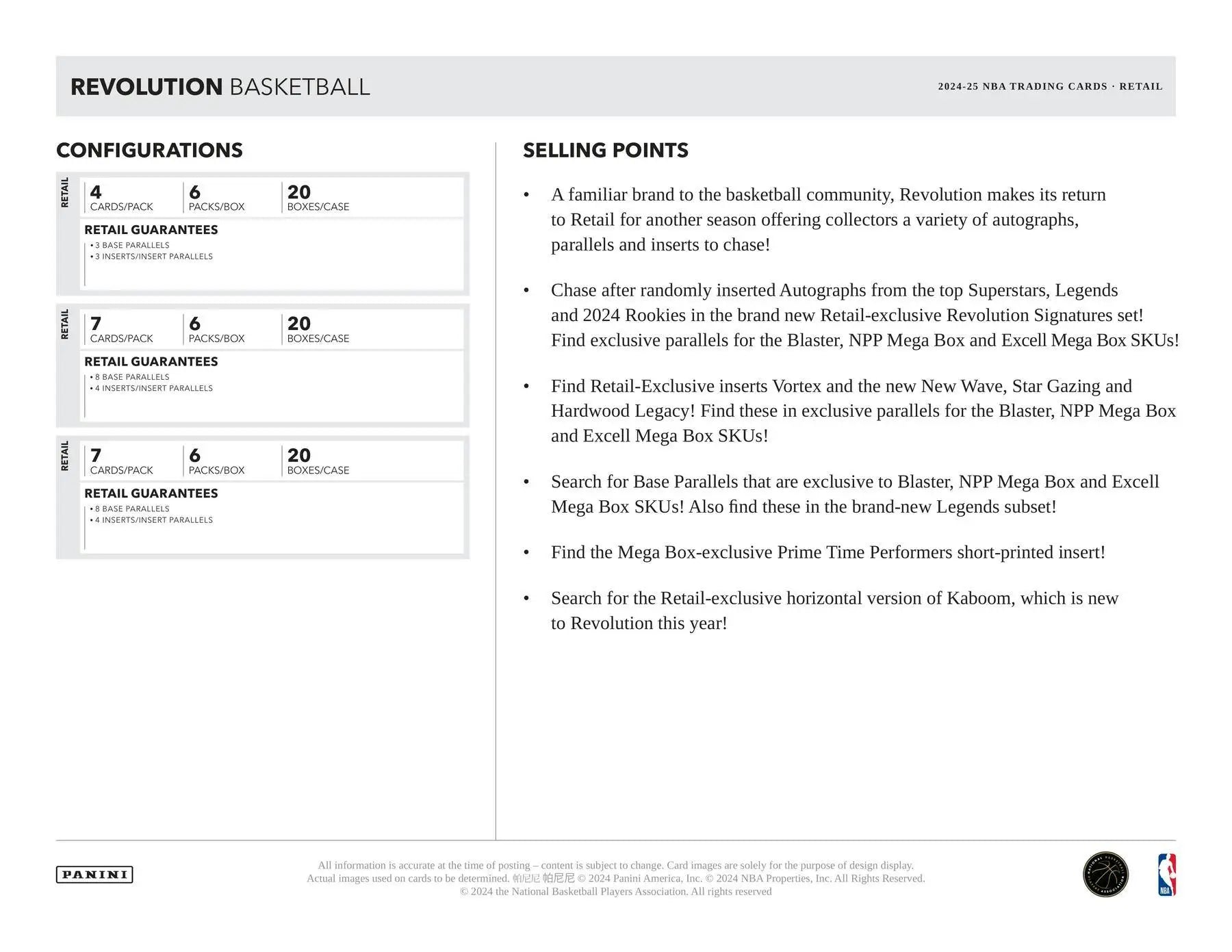 Promotional sheet for Revolution Basketball trading card configurations with red, blue, green astro options