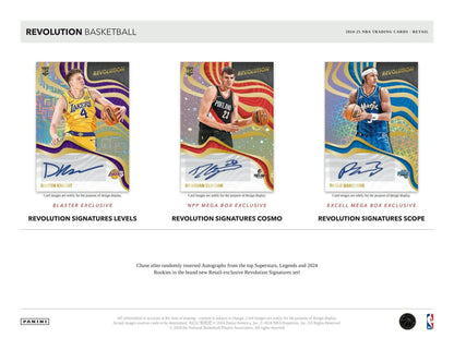 Three collectible basketball cards with autographs and unique designs in 2024-25 Panini Revolution Blaster Box