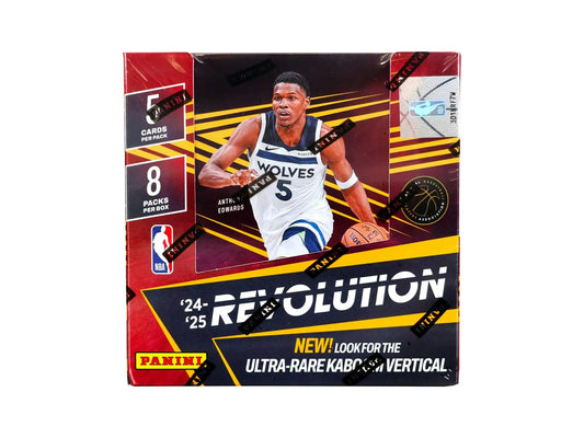 Sealed 2024-25 Panini Revolution NBA Basketball Hobby Box with Anthony Edwards, 8 packs, 5 cards each, featuring base parallels and eight base parallels