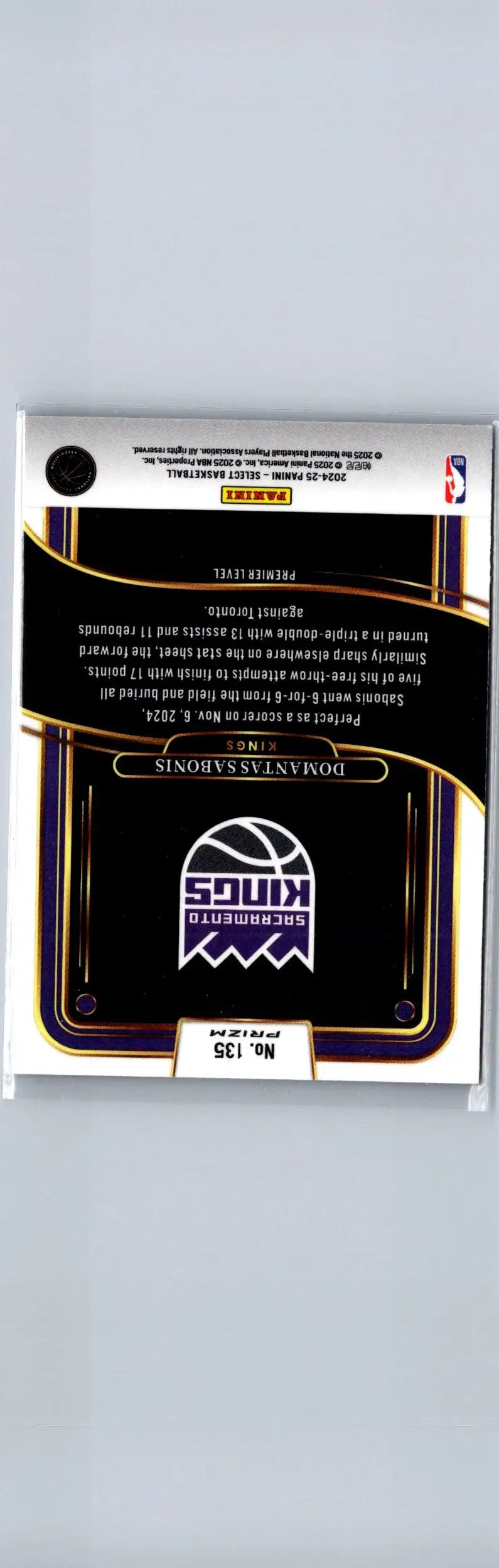 Basketball trading card featuring Sacramento Kings logo and stats for Domantas Sabonis from Panini Select
