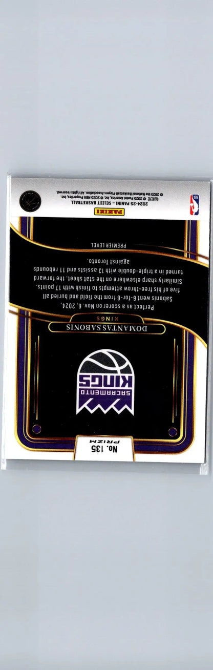 Basketball trading card featuring Sacramento Kings logo and stats for Domantas Sabonis from Panini Select