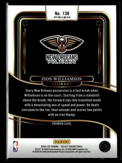 Zion Williamson basketball card from Panini Select Silver Prizm 2024-25 series