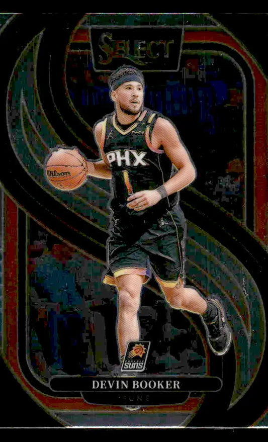 Devin Booker basketball card from 2024-25 Panini Select series featuring Phoenix Suns player