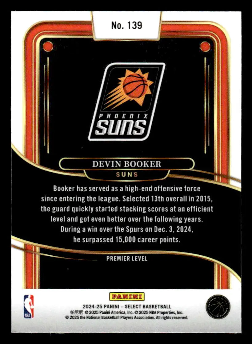 Basketball card of Devin Booker from Panini Select featuring Phoenix Suns player