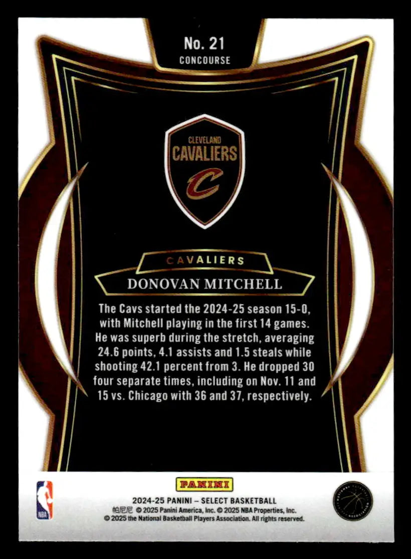 Basketball card back featuring Donovan Mitchell from 2024-25 Panini Select Cleveland Cavaliers