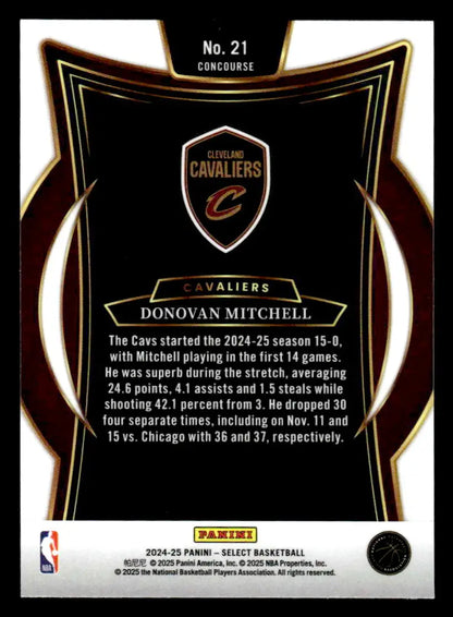 Basketball card back featuring Donovan Mitchell from 2024-25 Panini Select Cleveland Cavaliers