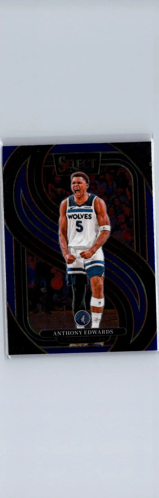 Basketball trading card of Anthony Edwards in Minnesota Timberwolves uniform with Edwards Blue Prizm background
