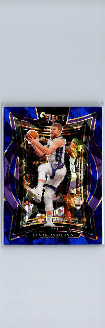 Domantas Sabonis blue cracked ice Prizm basketball trading card featuring player dribbling