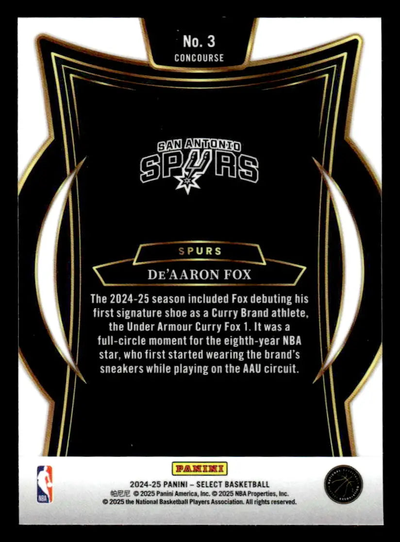 Basketball card of De’Aaron Fox from Panini Select 2024-25 San Antonio Spurs collection