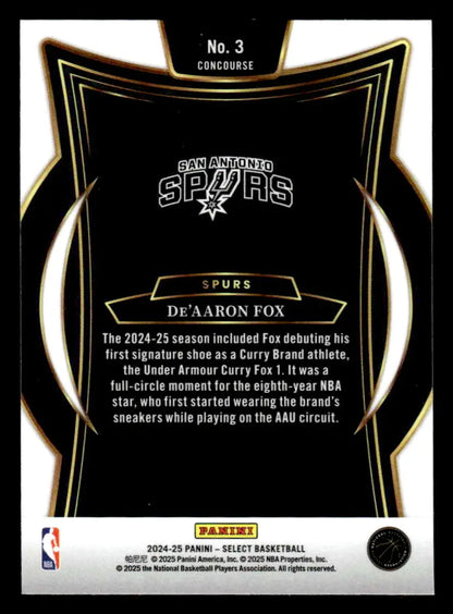 Basketball card of De’Aaron Fox from Panini Select 2024-25 San Antonio Spurs collection