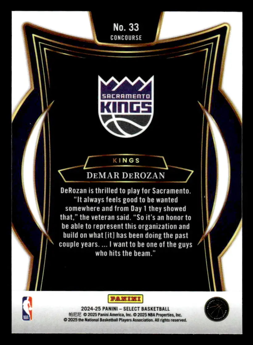 Basketball card back of DeMar DeRozan from 2024-25 Panini Select Sacramento Kings
