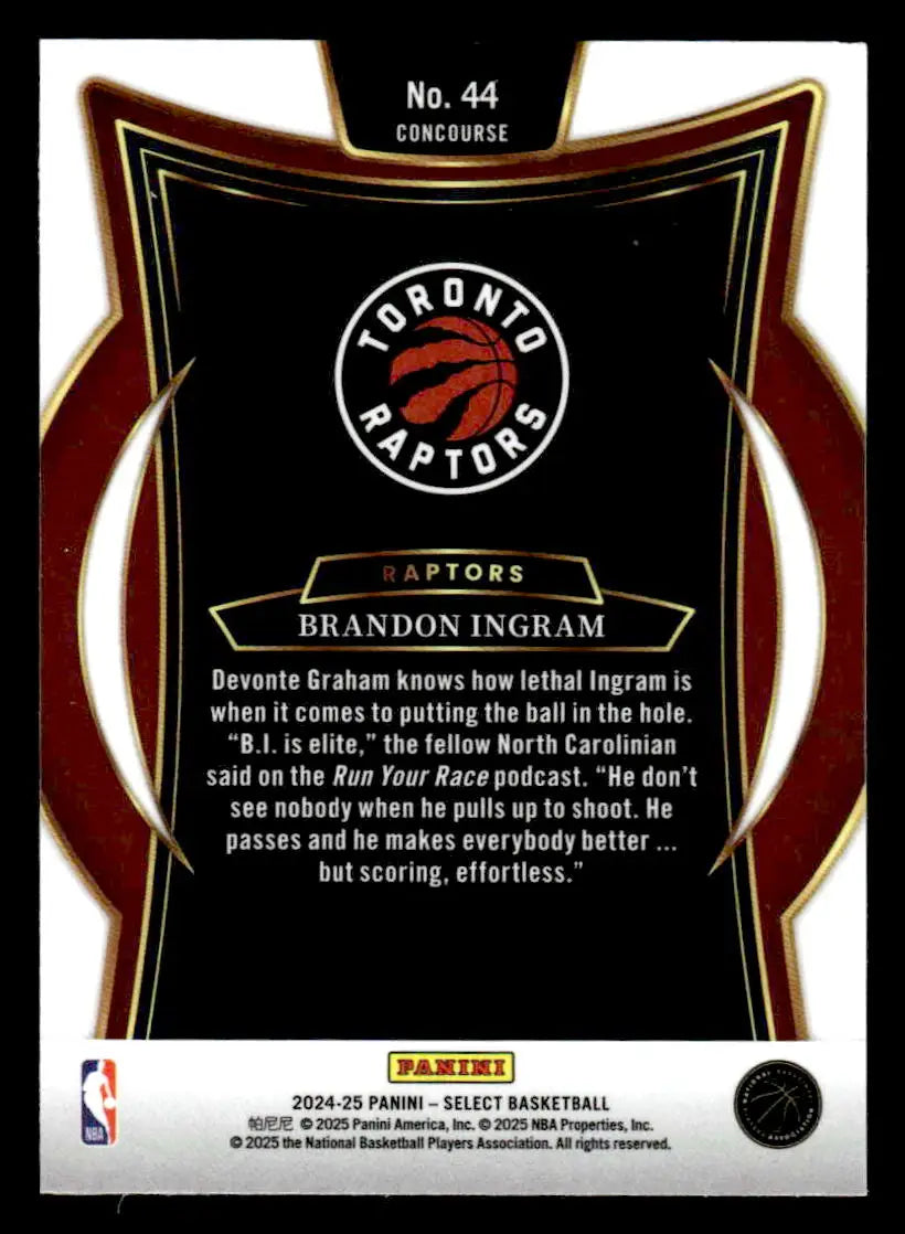 Basketball card of Brandon Ingram from Panini Select featuring Toronto Raptors player