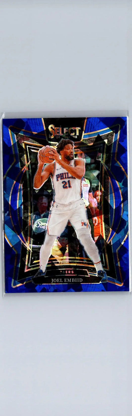 Joel Embiid blue cracked ice Prizm trading card in white 76ers jersey for 2024-25 Panini Select