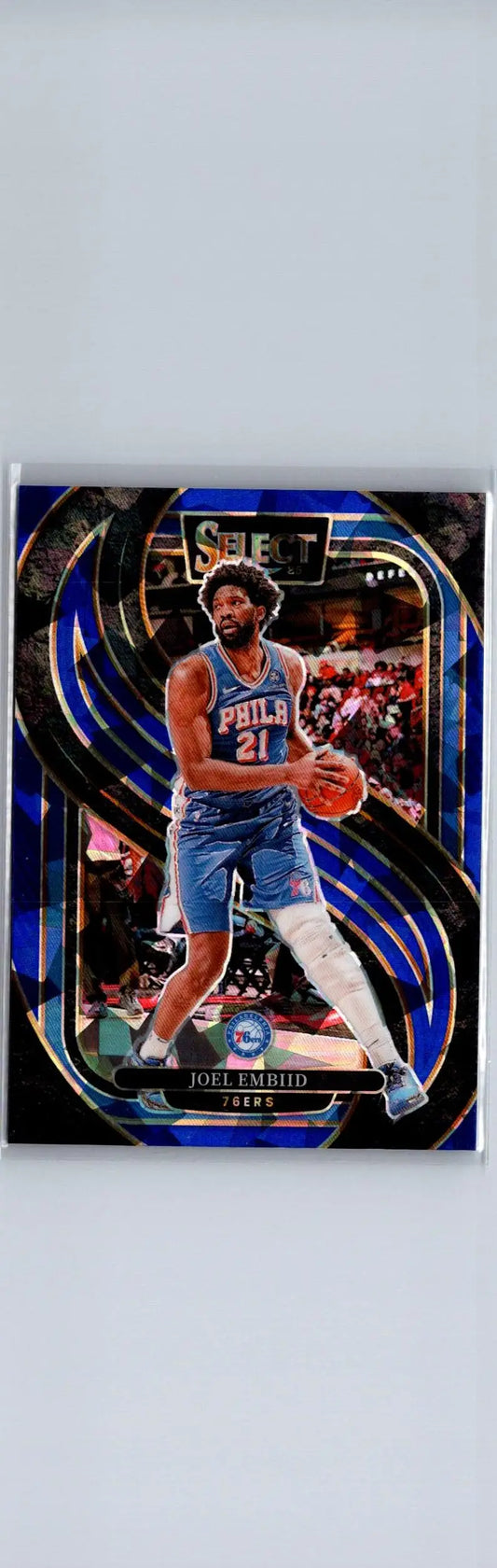 Joel Embiid blue Panini Select NBA trading card with cracked ice design and dark background