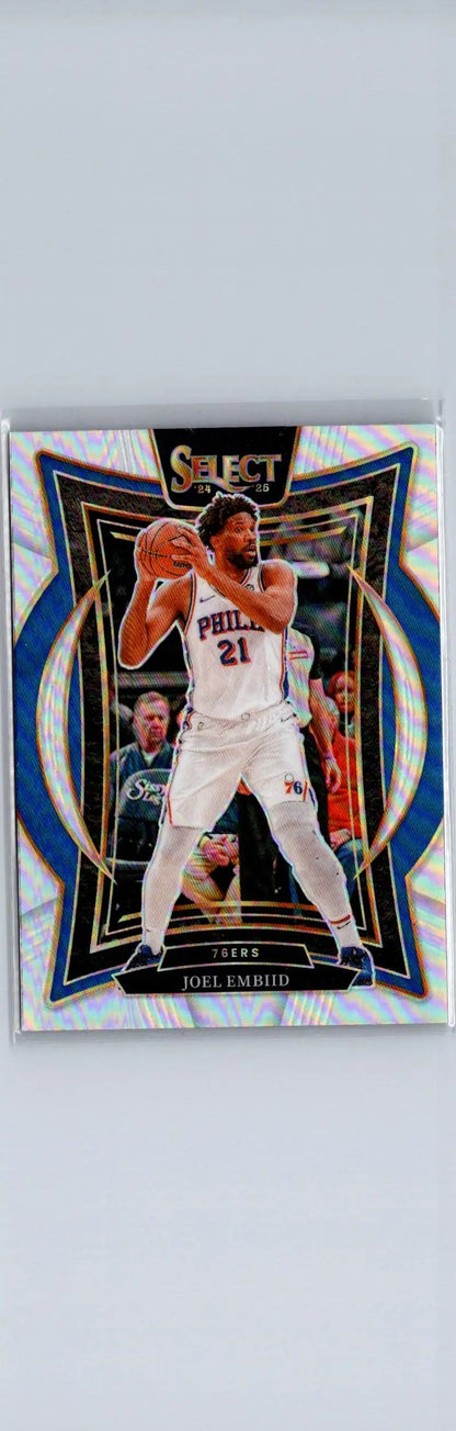 NBA trading card of Joel Embiid in Philadelphia 76ers uniform, 2024-25 Panini Select Silver Prizm