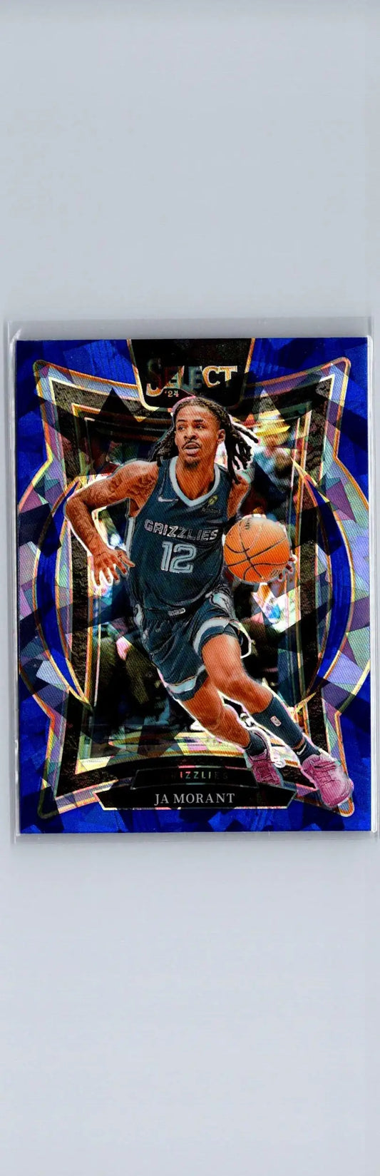 Blue cracked ice Prizm basketball trading card featuring Ja Morant from 2024-25 Panini Select