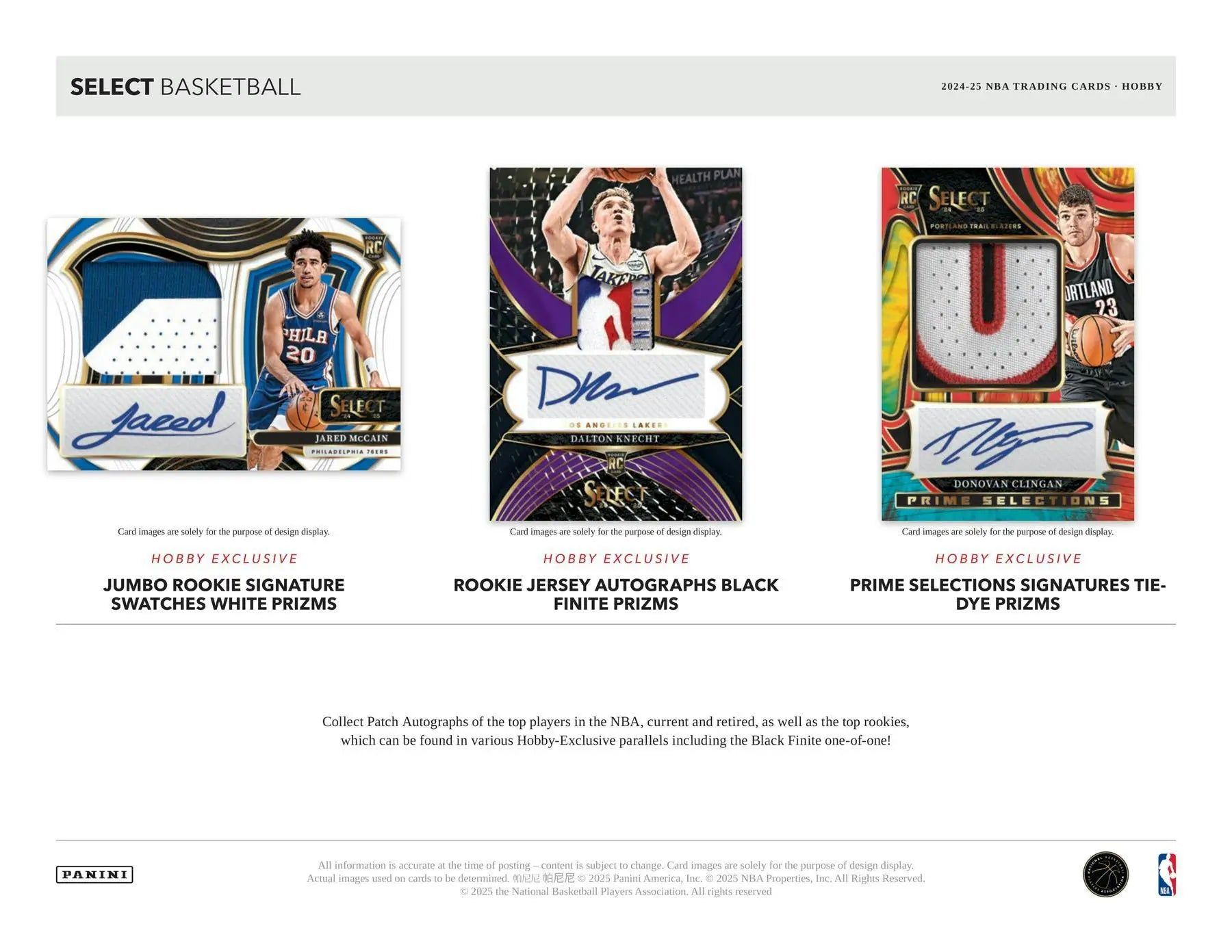 Promotional image of three select basketball memorabilia cards from 2024-25 Panini Select Hobby Box