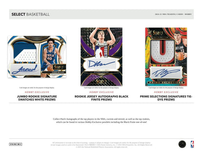 Promotional image of three select basketball memorabilia cards from 2024-25 Panini Select Hobby Box