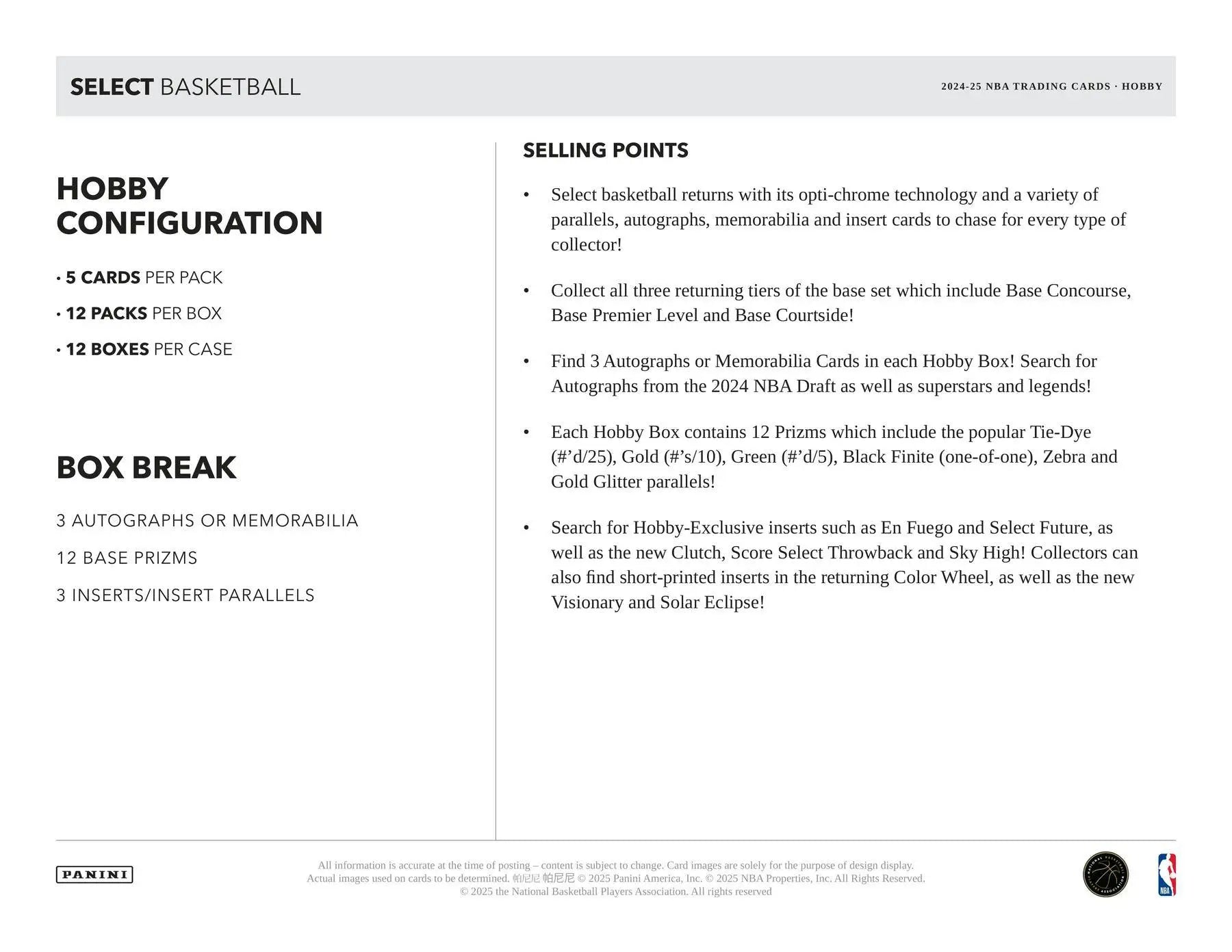 Sell sheet for 2024-25 Panini Select Basketball Hobby Box featuring memorabilia cards