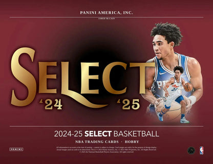 Promotional poster for 2024-25 Panini Select Basketball hobby box with memorabilia cards
