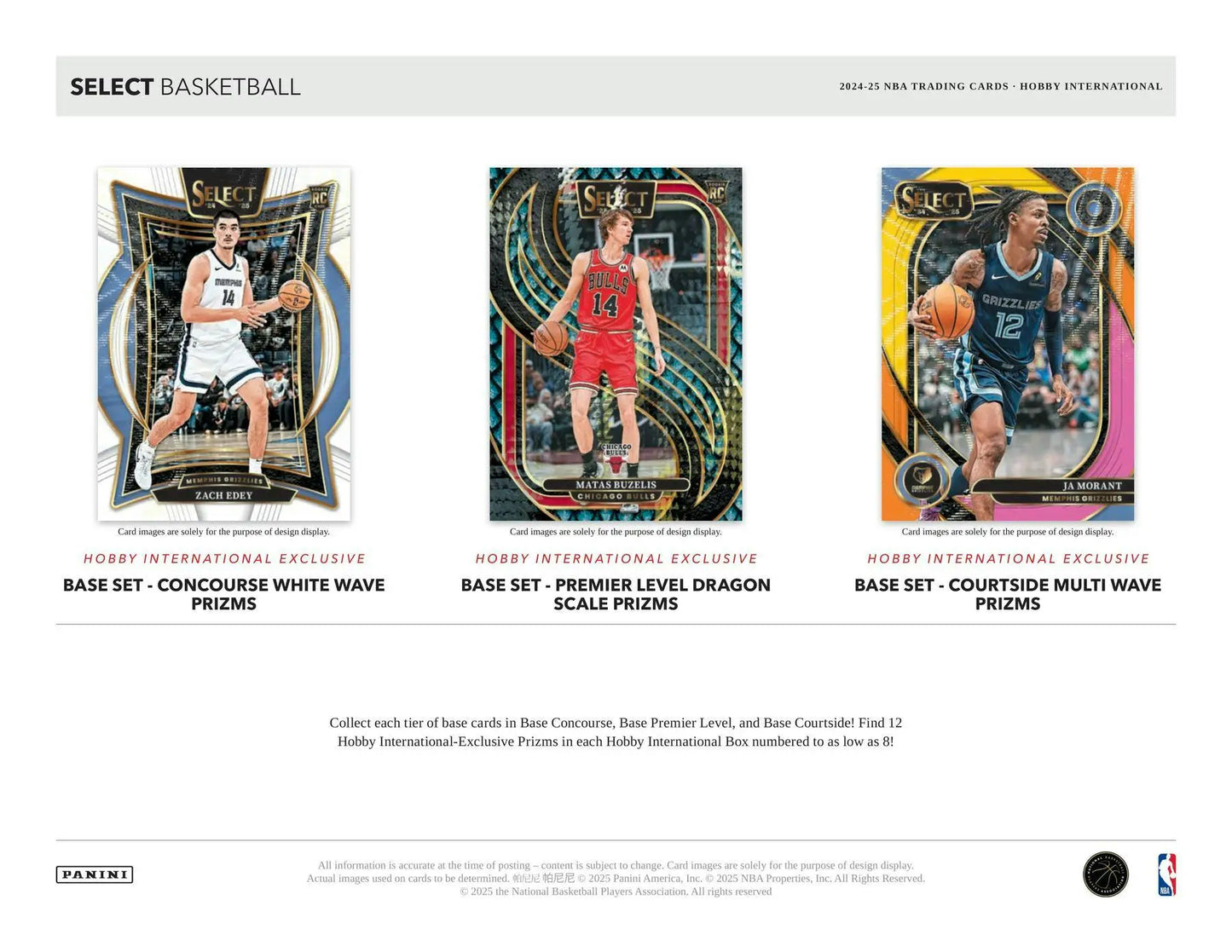 Panini Select Basketball international hobby box featuring three unique trading cards of different players