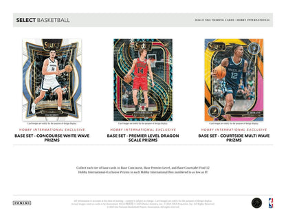 Panini Select Basketball international hobby box featuring three unique trading cards of different players